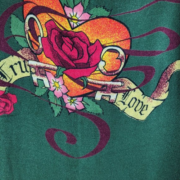 Gramm Green Long Cardigan Sweater Dress Ture love print Size L - Picture 10 of 12